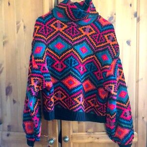 FARM Rio turtle neck sweater. Vibrant colors L, like new (w/o the beads)